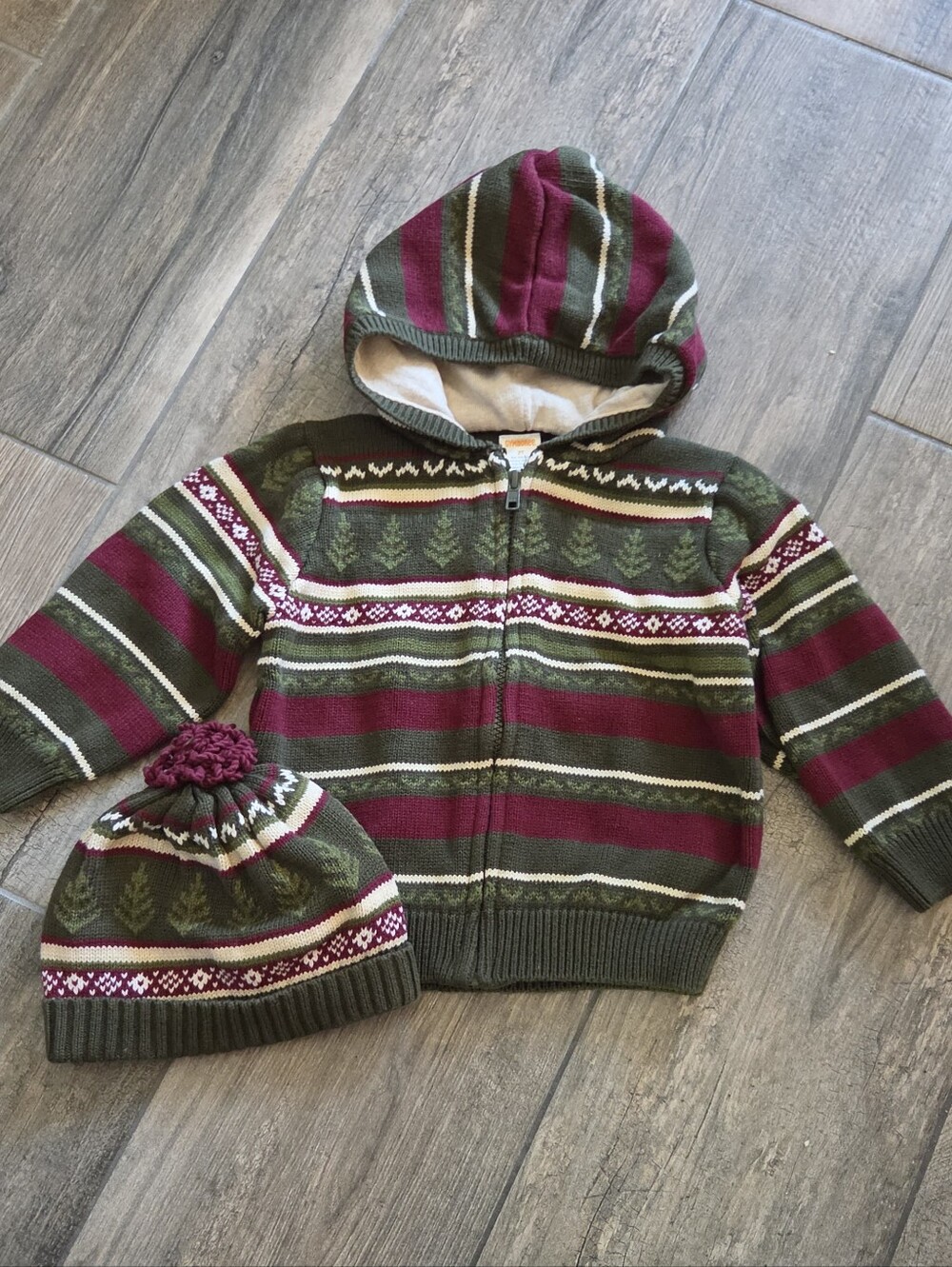 Gymboree EUC 2T Green/Burgundy Fair Isle Sweater and Hat